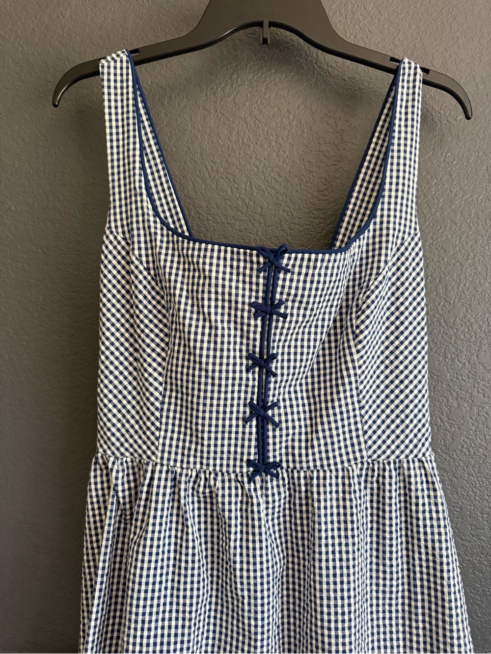 CAROLINE CONSTAS • Navy & White Gingham bows Square-Neck tank Midi Dress medium - Picture 3 of 7